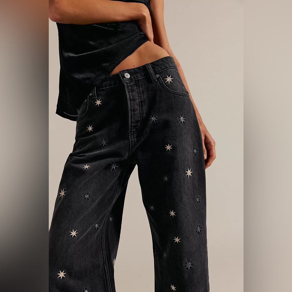 NWT FREE PEOPLE WE THE FREE Deep Trance Shine Embroidered Dropped Boyfriend Jean - Picture 4 of 14